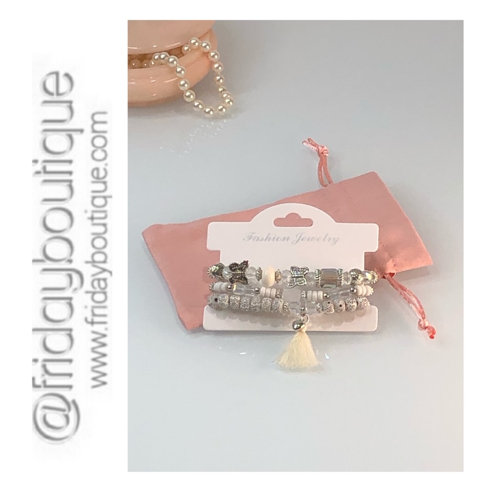 White Bohemian Butterfly Multi Layer Bracelets with Jewelry Pouch Gift Bag - Picture 2 of 8